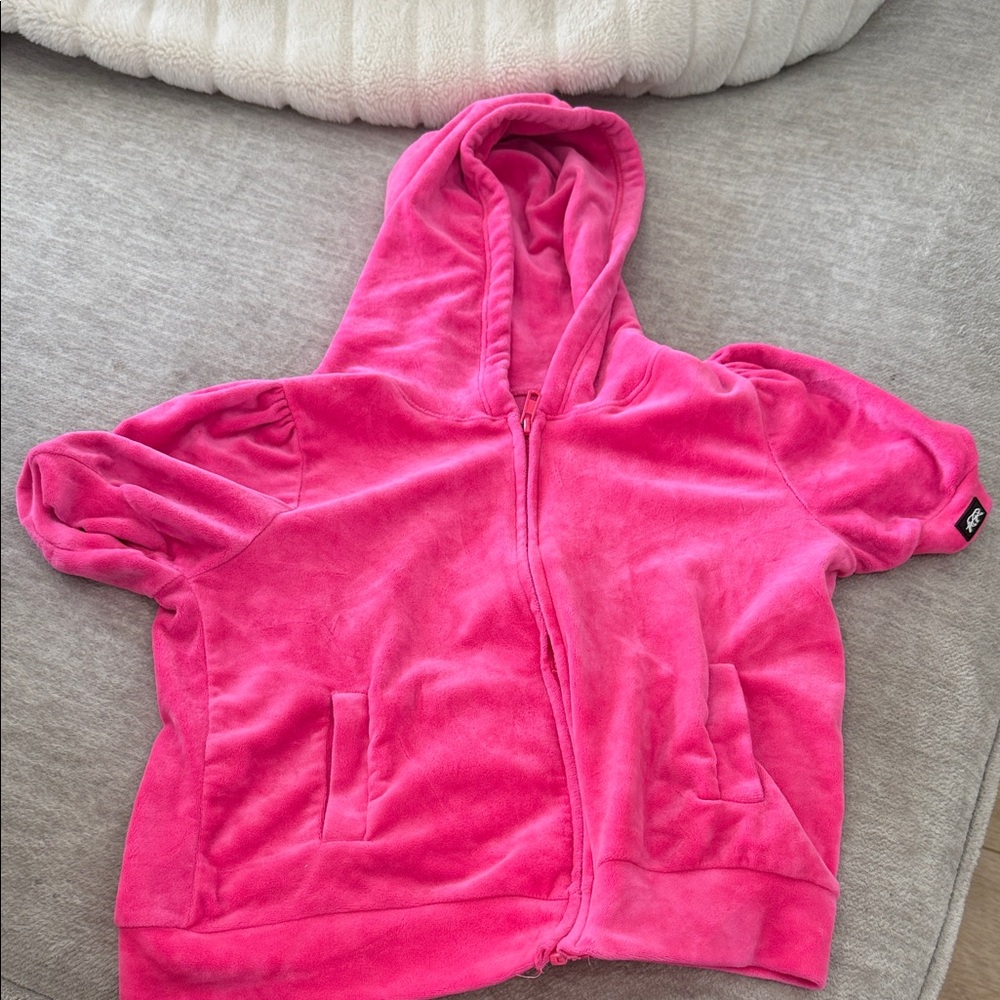 Plush Hot Pink Hooded Short-Sleeve Zip Jacket